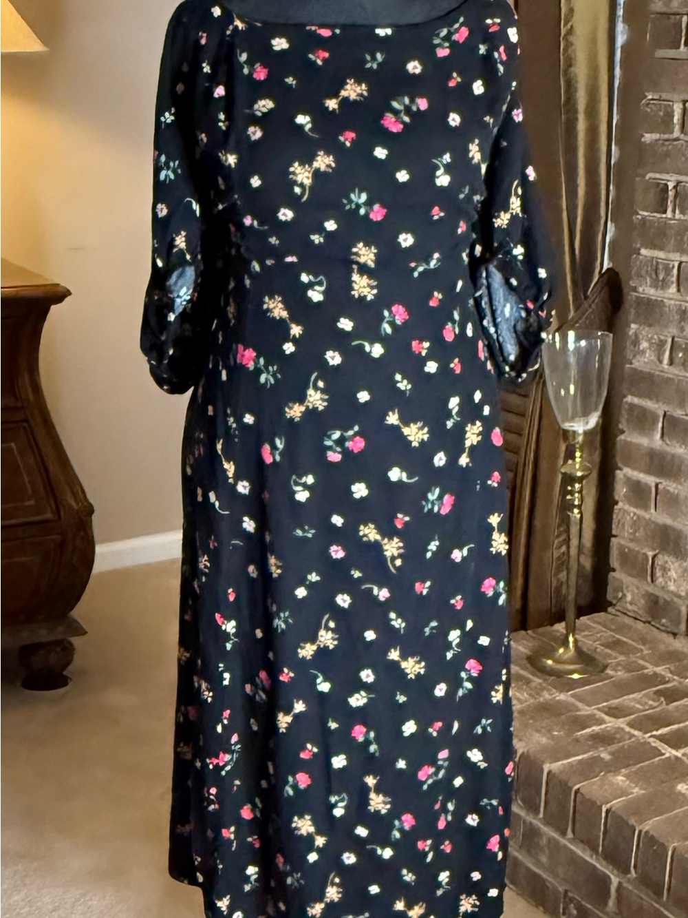 Romantic Cottagecore Old Navy 3X Black Floral Puff Sleeve Midi Dress